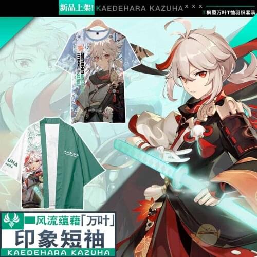 Genshin Impact Kaedehara Kazuha Casual Short Sleeve Hooded T-Shirt Shorts Cosplay Student Summer Unisex Loose Haori Vest Tops