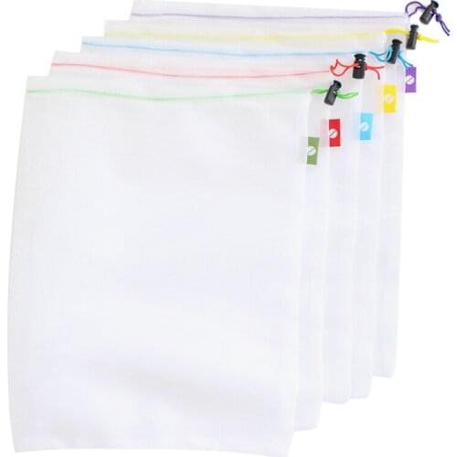 Mesh Cloth Bundle Pocket Reusable Cotton Kitchen Green Fruit Vegetable Supermarket Mesh Storage Bag Polyester Stitching 5pcs/set