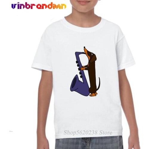 Dachshund Dog Playing Blue Saxophone Kids T Shirt Toddler Boys Summer T Shirt Cartoon Funny Tops Tees Children Clothes kid gifts