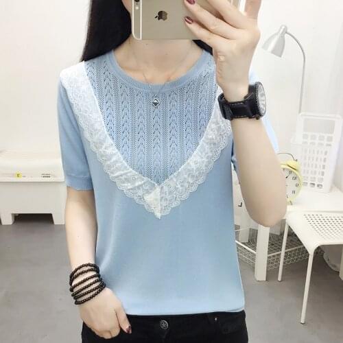 Thin T Shirt Womens Clothes Hollow Lace Stitching Knitted 2021 New Summer Tops Woman Casual T-Shirt Female Short Sleeve Femme