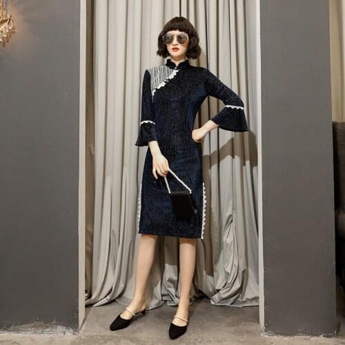 Chinese Traditional Dress Qipao Elegant Black Gold Velvet Cheongsam Vintage Flare Sleeve Women Party Wedding Oriental Clothing