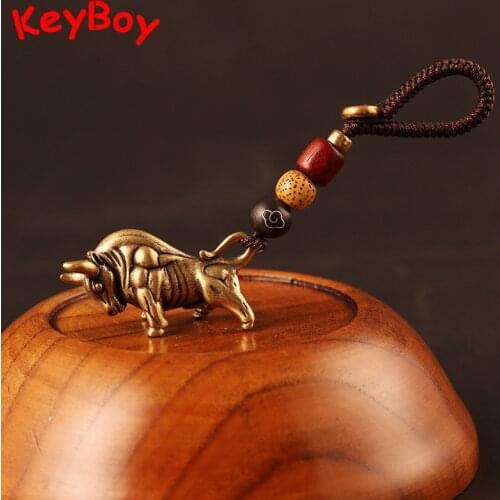 Vintage Copper Wall Street Bull Lucky Rope Keychain Pendant Brass 12 Zodiac Animals Dragon Snake Car Key Chain Bag Hanging Gifts