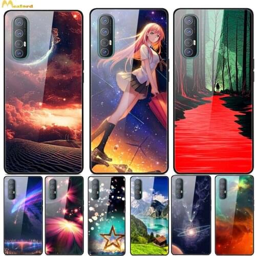 For OPPO Reno3 Pro 5G Case CPH2009 Tempered Glass+Silicone Painted Cover Funda 6.5" Reno 3 Pro 5G Cases Cartoon Protector Shell
