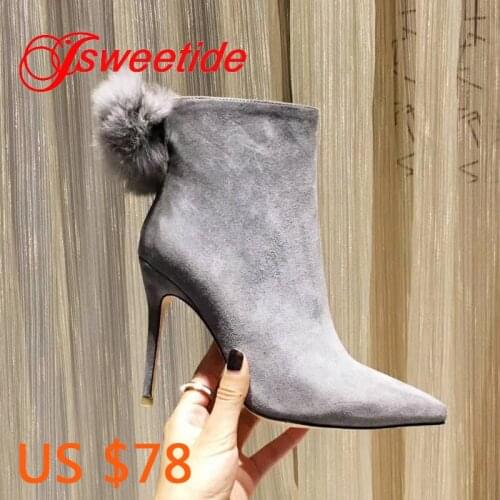 Women Genuine leather Boots Hair ball pointed Toe Heels pigskin inside Designer High Quality Fashion High heel Boots