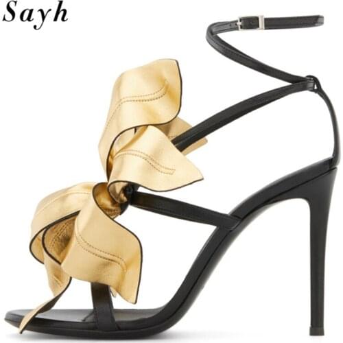 2020 Women Fashion Gold Black Pumps Thick High Heels Peep-Toe Sandals Flower Sandals Ankle Buckle Party Prom Shoes Size Plus
