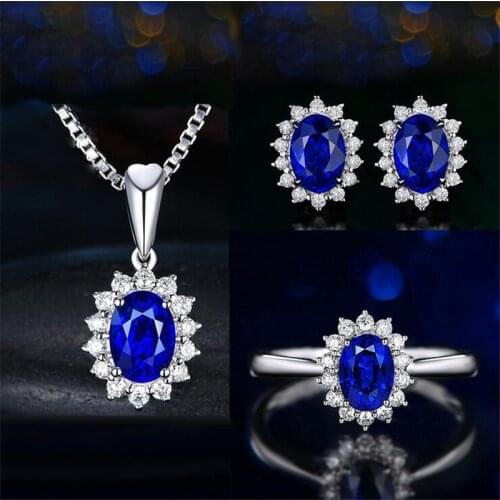 Princess Diana Jewelry Set Sapphire diamond 925 Sterling Silver Wedding Rings Earrings Pendant for women Bridal Party Jewelry