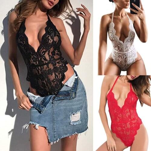 Womens Sexy Mesh Backless Halter Bodysuit Transparent Female Body Hot Teddies 2020 Deep V Sheer Babydoll Jumpsuits Lingerie
