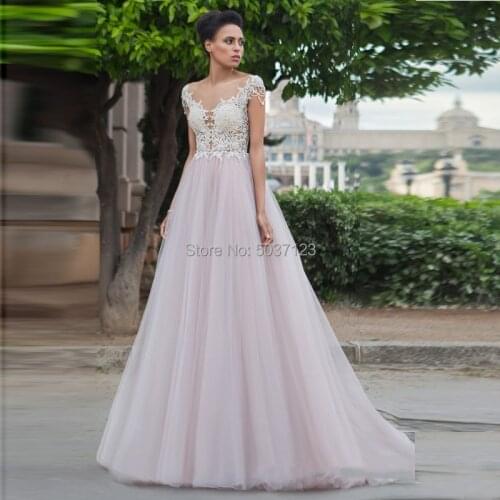 Dusty Rose A Line Wedding Dresses Scoop Lace Appliques Cap Sleeves Button Back Sweep Train Vestido De Noiva
