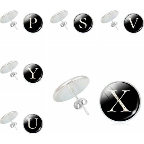 2019 New Ladies Earrings Creative 26 English Letters Glass Convex Round Stud Earrings Fashion Women Jewelry Gift