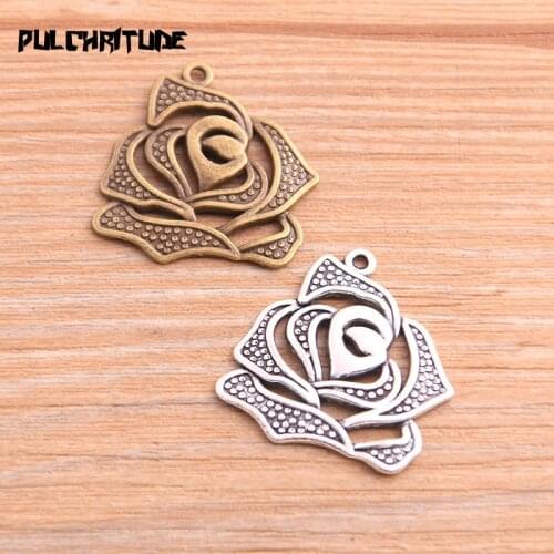 6PCS 28*28mm New Product Two Color Rose Flower Charms Plant Pendant Jewelry Metal Alloy Jewelry Marking