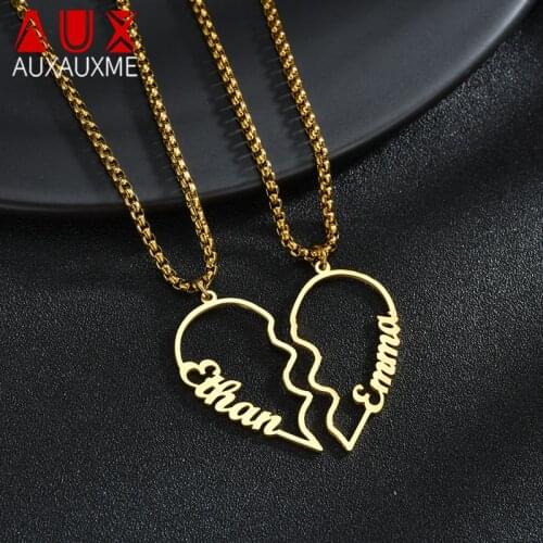 Auxauxme Customized Heart Couple Name Necklace 1 Pair Stainless Steel Womwn Men Pedant Necklace for Wedding Jewelry Femme