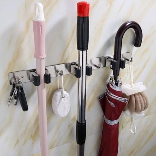 Adhesive Broom Holder Stainless Steel Mop Brushed Mops Storage Hanger with Hook Lavatory Kitchen Bathroom WC Organizer Free Nail