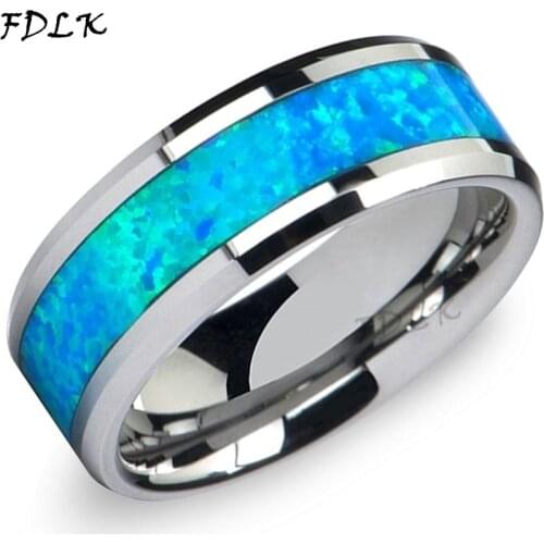 FDLK Luxury Fashion 8mm Stainless Steel Men Rings Blue Imitation Opal Inlay Never Fade Engagement Ring Mens Jewelry