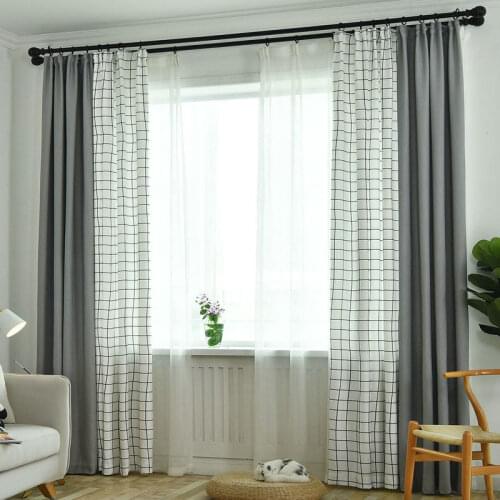 Faux Cotton Linen Blackout Plaid Stitching Curtains Window Curtain Patchwork Living Room Curtains Fabric Modern Window Curtain