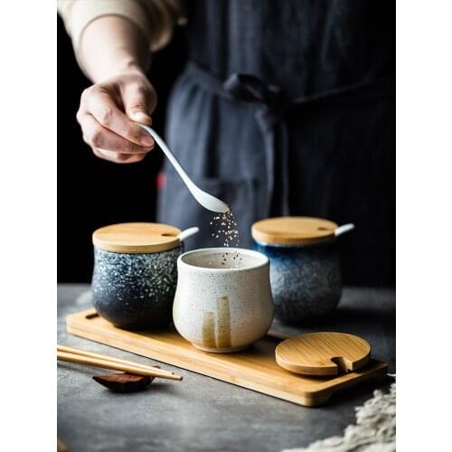 Ceramic Seasoning Container for Home Ceramic Kitchen Sugar Bowl with Lid and Spoon Set Spice Storage Jar Salt Pot Condiment Jar