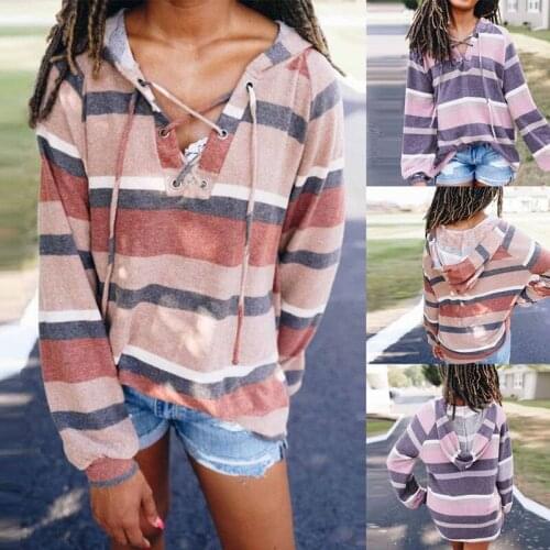 Kili WomenS Fashion Casual Striped Printed V-Neck Tie Bandwidth Loose Long Sleeve Tops