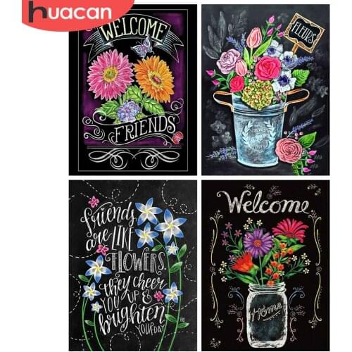 HUACAN Full Square/Round Diamond Painting Text Welcome 5D DIY Diamond Embroidery Flower Mosaic Blackboard Wall Art Decor