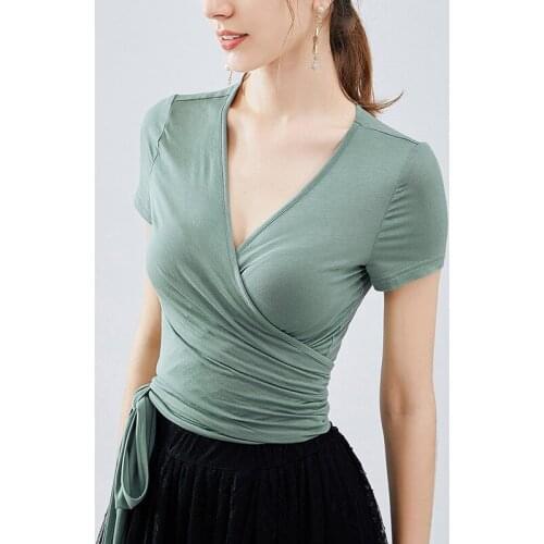 Latin Dance Shirts Adults Practice Clothes Short-Sleeved V-Neck Lace-Up Top Rumba Cha Cha Samba Tango Salsa Women Wear DN4377