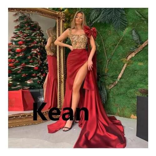 High Slit Spaghetti Straps Evening Dresses Gold Lace Mermaid Special Occasion Dress Islamic Dubai Kaftan Saudi Arabic Prom Dress
