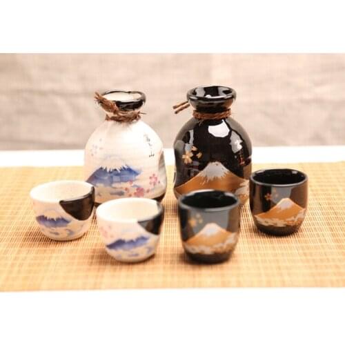 Japanese original sake set Fuji Mountain pottery white wine pot cup 3 pieces bar set ceramic wineware gift box