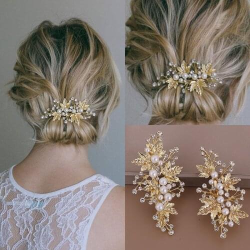 Silver Color Gold Pearls Crystal Hair Pin Clip 2 Pcs Handmade Leaf Rhinestone Women Hair Jewelry Bridal Wedding Hair Accessories