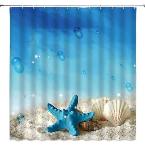 Ocean Beach Scenery Shower Curtains Blue Bubble Starfish and Shell Pattern Bathroom Decor Polyester Cloth Hanging Curtain Set