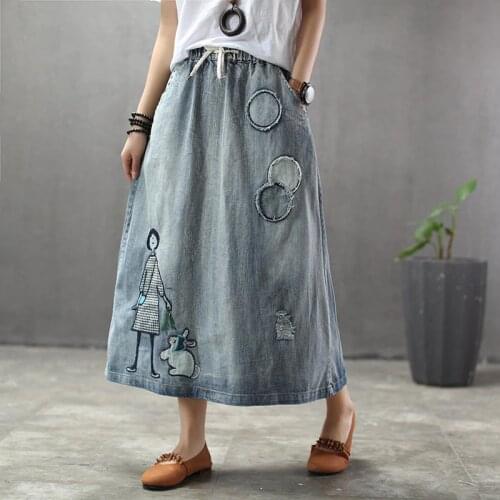 Ethnic style retro print little girl rabbit denim skirt female patch elastic waist skirt