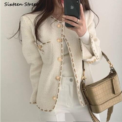 Golden Button Woolen Jacket Woman Winter Single Breasted Pocket Elegant Tweed Cropped Coat Korean Business Office Outerfit Fall