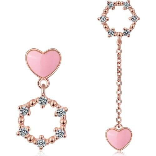 New Fashion 925 Sterling Silver Earrings for Women Pink Love Heart Asymmetrical Earrings Geometric Zircon Long Tassel oorbellen