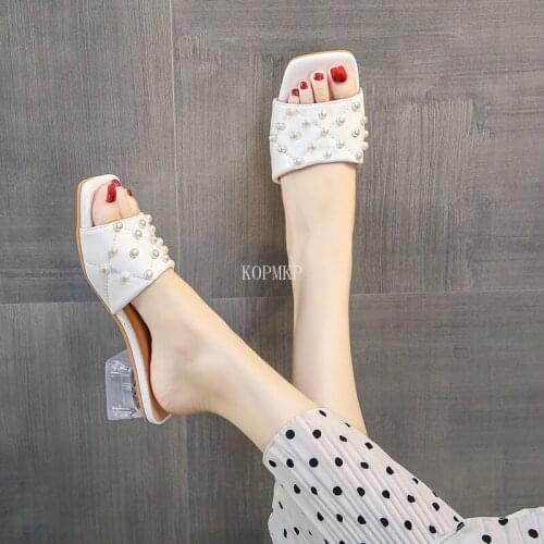 Hot 2021 Transparent Pvc Sandals Women Square Toe Transparent Pearl Cup High Heels Sexy Summer Shoes Kopmkp Women Sandals 35-43