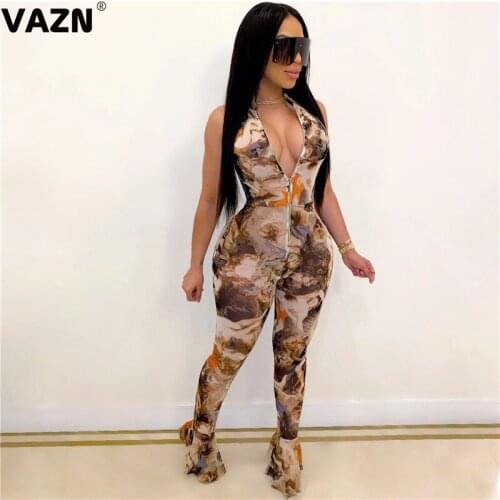 VAZN 2020 Hot Women Ladies Sexy V-neck Tie Dye Print Shinny Rompers Shinny Jumpsuit Sexy Fashion Sleeveless Jumpsuits