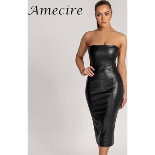 Amecire Leather Lining Zipper Ladies Dresses Outfits Celebrity Dress Fashion Women Indie Trendy Clothes For Women Party Dress