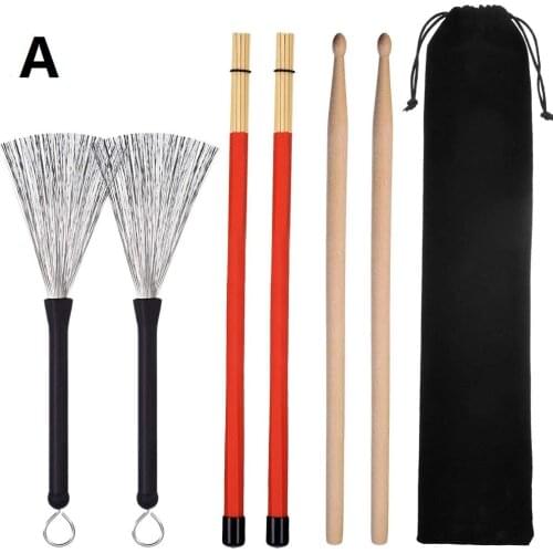 1 Pair 5A Drum Sticks Wood Drumsticks Set 1 Pair Drum Wire Brushes Drum Stick Brush and 1 Pair Rods Drum Brushes