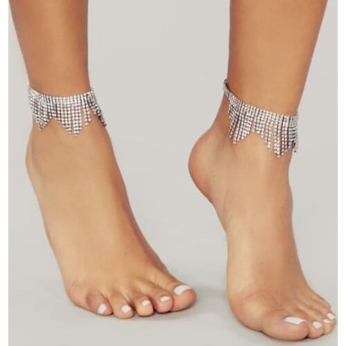 2 Pcs Elegant Rhinestone Tassel Anklet Chain Foot Jewelry for Women Crystal Anklet Bracelet Barefoot Sandals Wedding Accessories