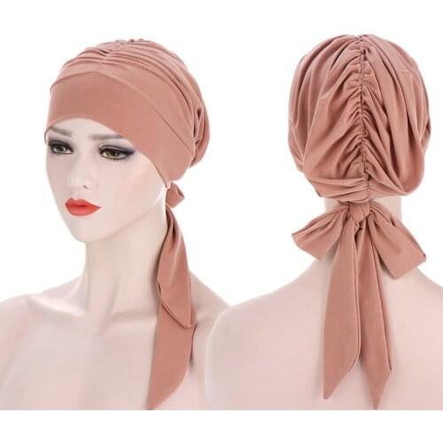 2020 New Bow-tie Women Turban Cap Stretchy Head Scarf Hat Long Tail Wrap Head Bonnet Muslim Inner Hijab Female Turban Scarf