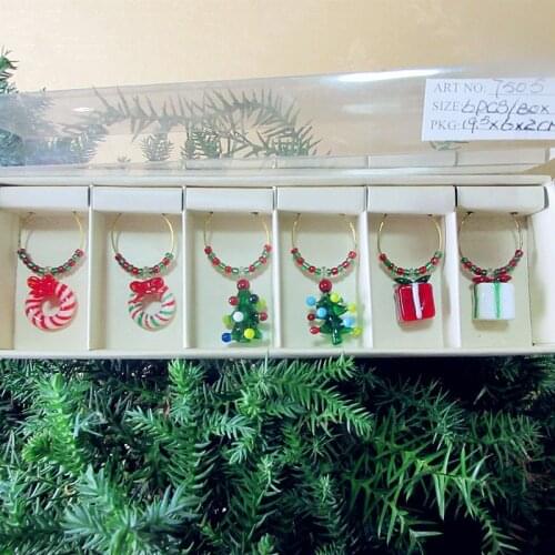 6pc Custom glass Christmas tree model ring pendant cup marker ornament New Years eve party wine glass charms set