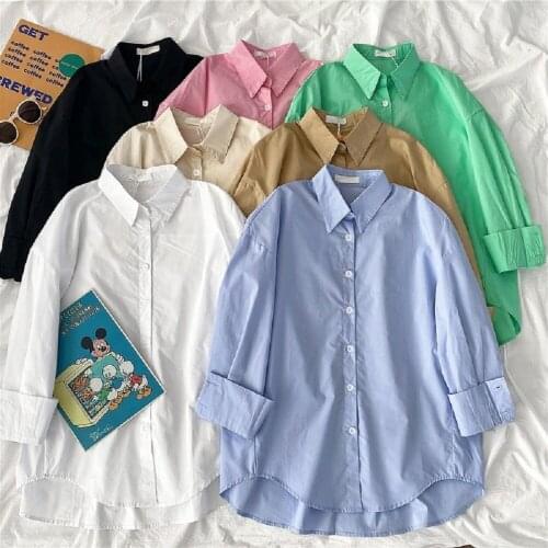 Women Spring Autumn Oversized Basic Shirts Long Sleeve Button Up Solid Boyfriend Kroean Vintage Office Lady Loose Blouses Tops