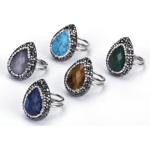 Dankaishi Natural Stone Rings for Women Bohemian Boho Ethnic Jewelry Faceted Stone Paved with Rhinestone Waterdrop Shape Fashion