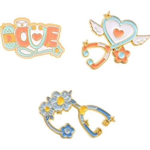Stethoscope Enamel Pin Angel Love Heart Floral Pill Brooches for Nurse Doctor Health Care Badges Medical Jewelry Gifts