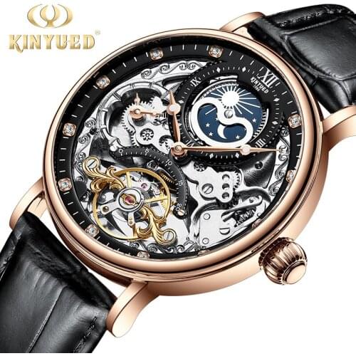 KINYUED Fashion Luxury Mechanical Business Movement Watch Mens Tourbillon Automatic Hollow Waterproof Moon Phase Watch Men J055