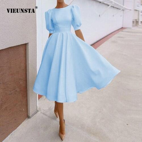 Elegant Round Neck Pile Up Sleeves Middle Length Dress 2021 Summer Slim Ruffle Short Sleeve Dress Advanced Party Evening Dresses