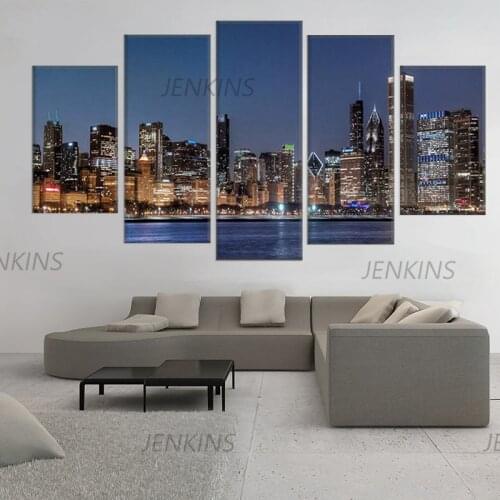 Chicago River 5 Pieces Canvas Wall Art Pictures Hd Prints Living Room Decor Cityscape Paintings City Nightscape Poster No Frame