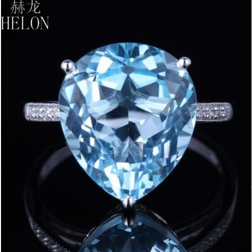 HELON Solid 14k White Gold Flawless Pear 14x12mm Sky Blue Topaz & Diamonds Engagement Ring Women Birthday Anniversarry Best Gift