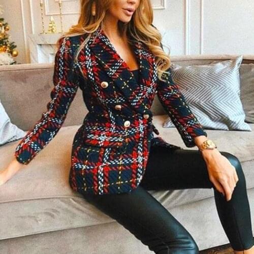 Vintage Fashion Women Double Breasted Plaid Tweed Jacket Female Turn-Down Collar Jackets Elegant Ladies Long Sleeve Coats