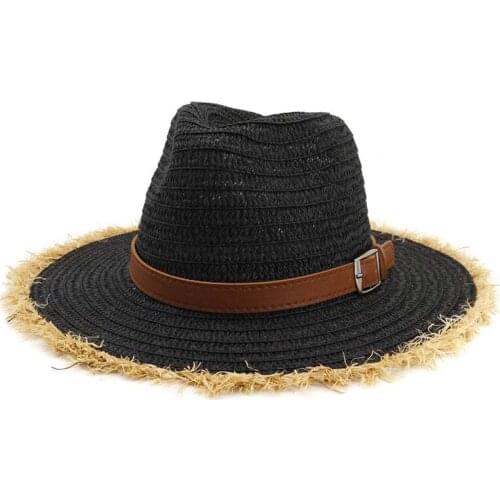 Summer Wide Furry Brim Paper Straw Jazz Hat Unisex Women Outdoor Sun Visor Hat Belt Buckle Decor Beach Panama Cowboy Cap