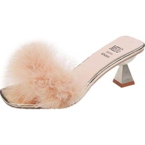 Fur Sandals Women/girls Designer Summer Furry Slippers Thick High Heels Transparent Sandalias Ostrich Fur Flip Flops for Women