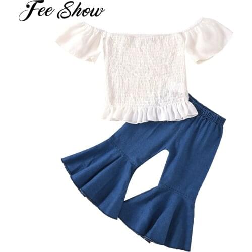 Fashion Kids Baby Girl Clothing Sets Summer Girls Outfits Off Shoulder Ruffle Sleeves Tops + Flare Jeans Pants 2Pcs Outfits
