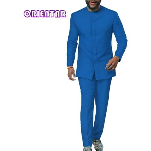 African Mens Suit Casual Simple Solid Color Long Sleeve Shirt + Trousers 2-piece Set 2021 Mens African Clothes Suits WYN1405