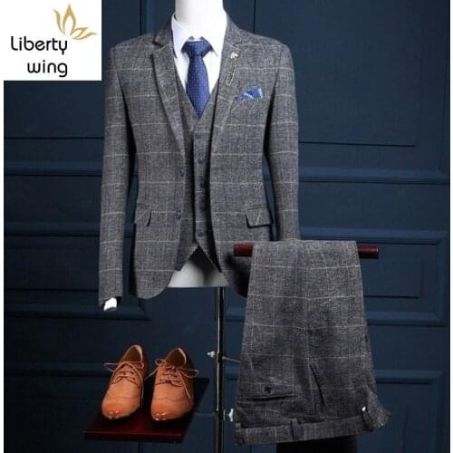 British Mens Wedding Tuxedo Gray Plaid Suits Slim Fit Office Business Man 3 Pcs Blazer Set Formal Party Prom Costume Terno Male
