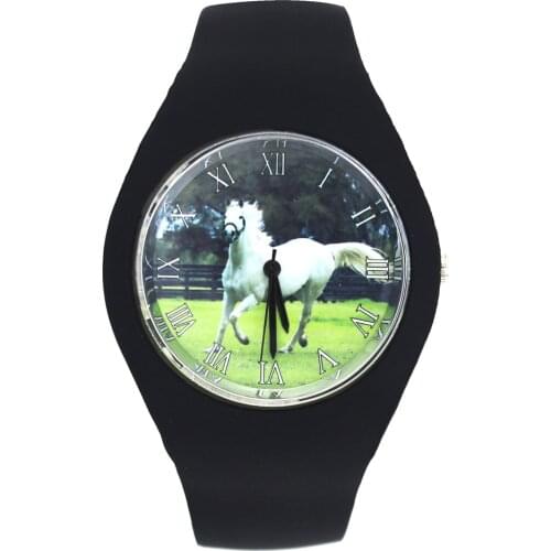 Horse Racing White Steed Hobby Animal Fashion Men Women Sport Soft Silicone Strap Quartz Wrist Watch